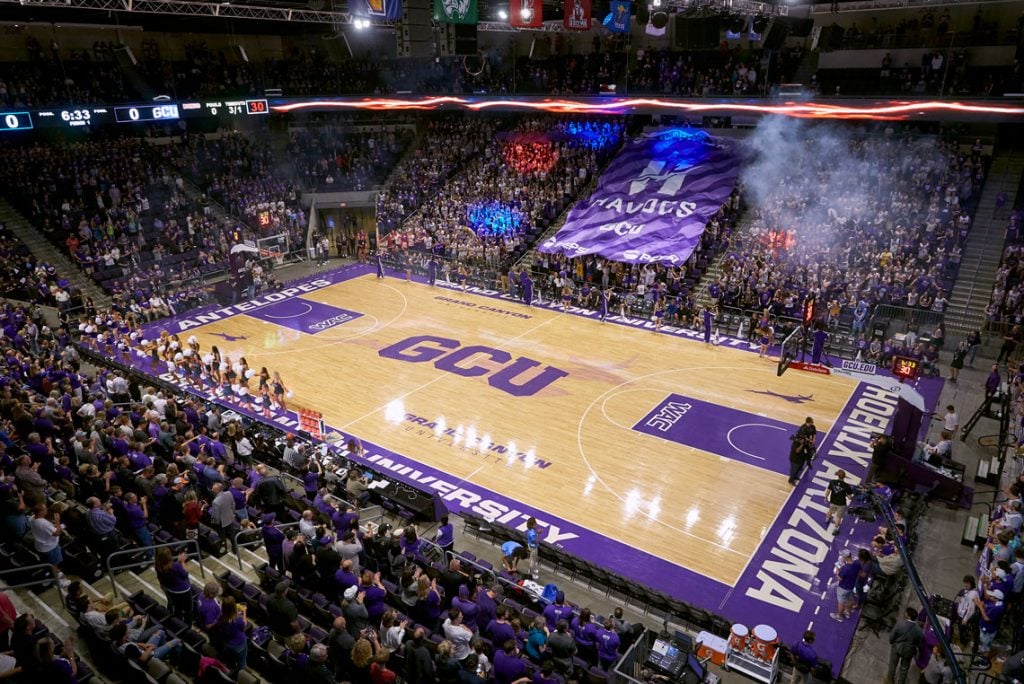 GCU Arena basketball court with fans celebrating in the stands