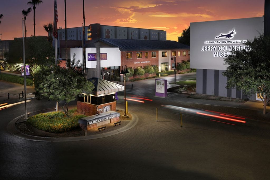 Entrance of Grand Canyon University at sunset