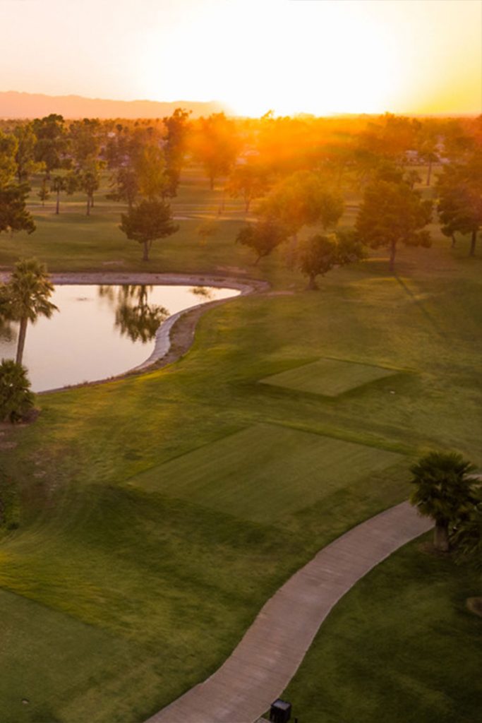 Air view of the GCU Golf course at sunset.