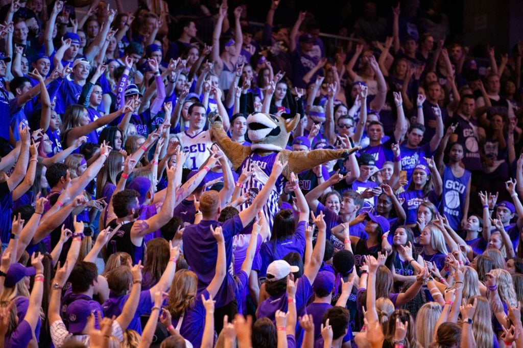 GCU Mascot Thunder in the middle of the GCU Student Section at the GCU Arena